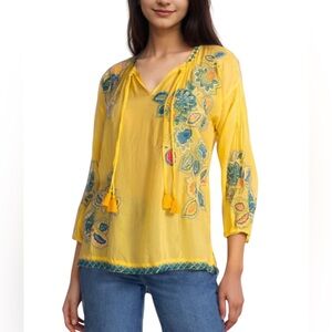Johnny Was Elegant Margot Cupro Embroidered Blouse in Soft Citron XL